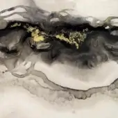 Rugiano decoro painted wood rug, black and white ink with gold pigment, asymmetrical swirling organic shapes.